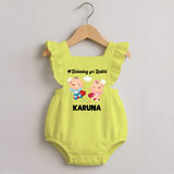 Twinning for Rakhi Print Romper Frock – two baby superheroes flying together. - PASTEL YELLOW - 0 - 3 Months Old (Chest 19")
