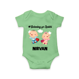 Twinning for Rakhi Print Romper  – two baby superheroes flying together. - GREEN - New Born (Chest 14")