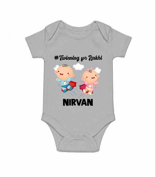 Twinning for Rakhi Print Romper  – two baby superheroes flying together. - GREY - New Born (Chest 14")