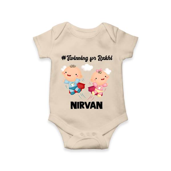 Twinning for Rakhi Print Romper  – two baby superheroes flying together. - IVORY - New Born (Chest 14")