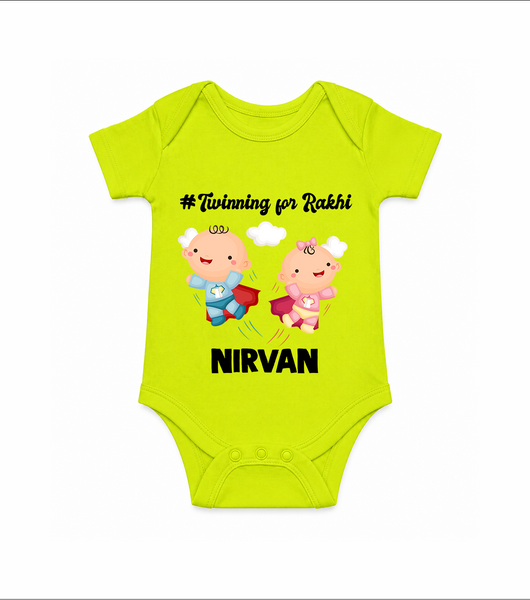 Twinning for Rakhi Print Romper  – two baby superheroes flying together. - LIME GREEN - New Born (Chest 14")