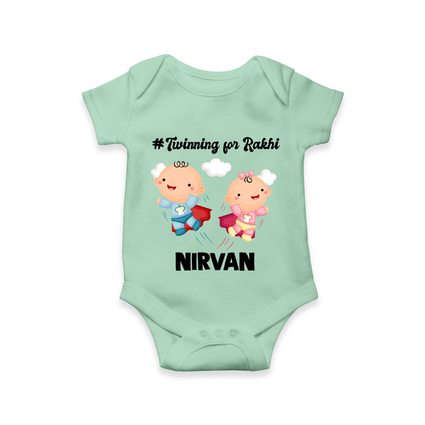 Twinning for Rakhi Print Romper  – two baby superheroes flying together. - MINT GREEN - New Born (Chest 14")