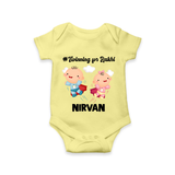 Twinning for Rakhi Print Romper  – two baby superheroes flying together. - PASTEL YELLOW - New Born (Chest 14")