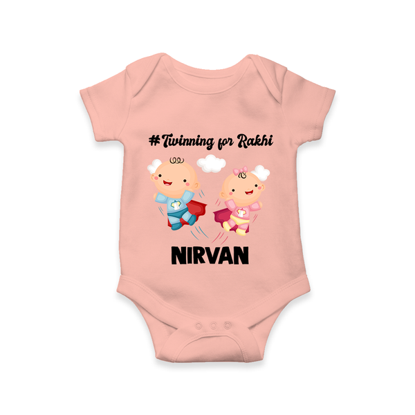 Twinning for Rakhi Print Romper  – two baby superheroes flying together. - PEACH - New Born (Chest 14")