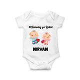 Twinning for Rakhi Print Romper  – two baby superheroes flying together. - WHITE - New Born (Chest 14")