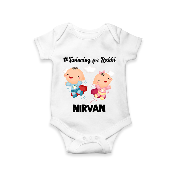 Twinning for Rakhi Print Romper  – two baby superheroes flying together. - WHITE - New Born (Chest 14")