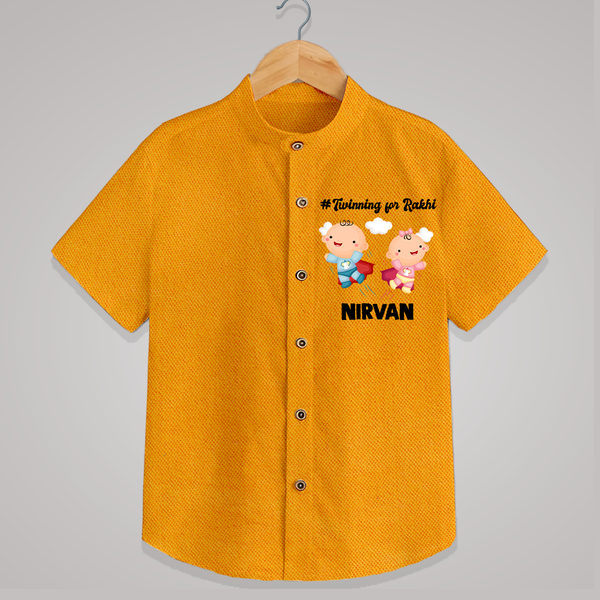 Twinning for Rakhi Print Shirt – two baby superheroes flying together. - CHROME YELLOW - 0 - 6 Months Old (Chest 23")