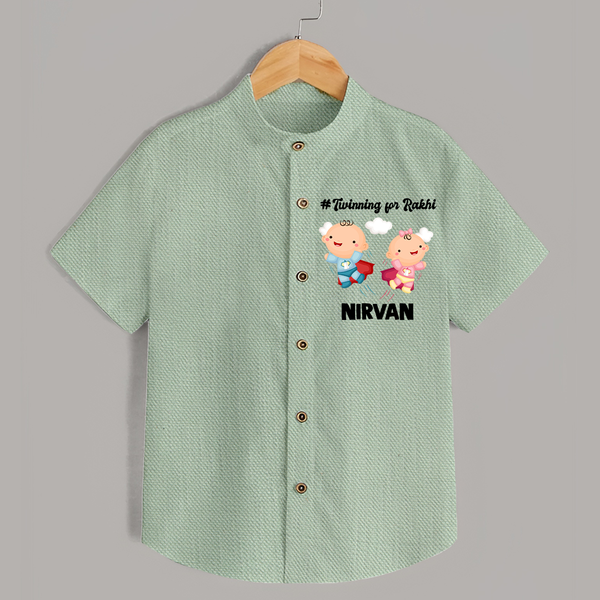 Twinning for Rakhi Print Shirt – two baby superheroes flying together. - MINT GREEN - 0 - 6 Months Old (Chest 23")