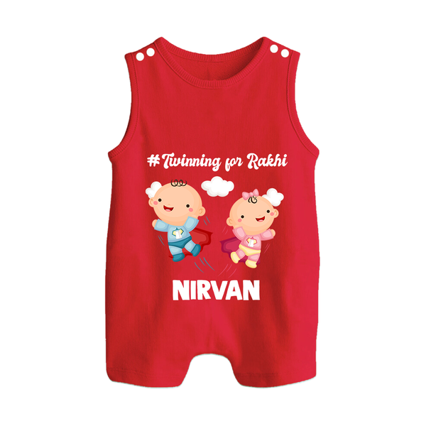 Twinning for Rakhi Print Button Romper – two baby superheroes flying together. - RED - New Born (Chest 18")