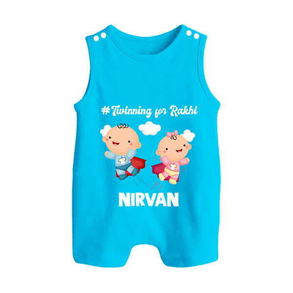 Twinning for Rakhi Print Button Romper – two baby superheroes flying together. - SKY BLUE - New Born (Chest 18")