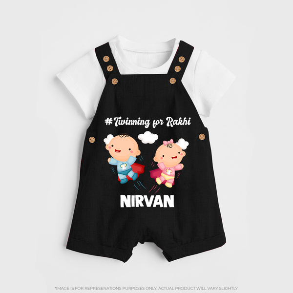 Twinning for Rakhi Print Dungaree – two baby superheroes flying together. - BLACK - 0 - 5 Months Old (Chest 18")