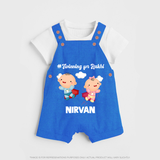 Twinning for Rakhi Print Dungaree – two baby superheroes flying together. - COBALT BLUE - 0 - 5 Months Old (Chest 18")