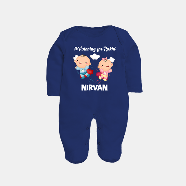 Twinning for Rakhi Print Fullbody Suit – two baby superheroes flying together. - NAVY BLUE - New Born (Chest 7.5")