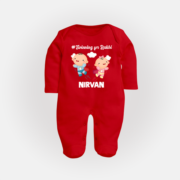 Twinning for Rakhi Print Fullbody Suit – two baby superheroes flying together. - RED - New Born (Chest 7.5")