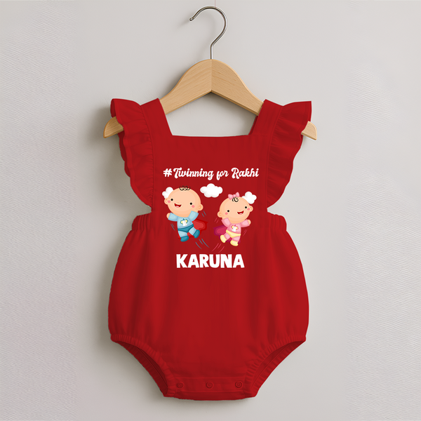 Twinning for Rakhi Print Romper Frock – two baby superheroes flying together. - RED - 0 - 3 Months Old (Chest 19")