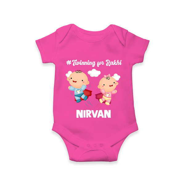 Twinning for Rakhi Print Romper  – two baby superheroes flying together. - HOT PINK - New Born (Chest 14")