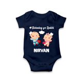Twinning for Rakhi Print Romper  – two baby superheroes flying together. - NAVY BLUE - New Born (Chest 14")