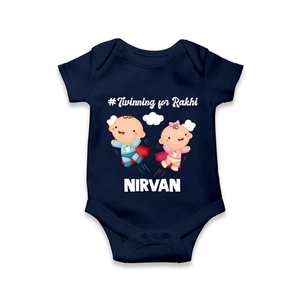 Twinning for Rakhi Print Romper  – two baby superheroes flying together. - NAVY BLUE - New Born (Chest 14")