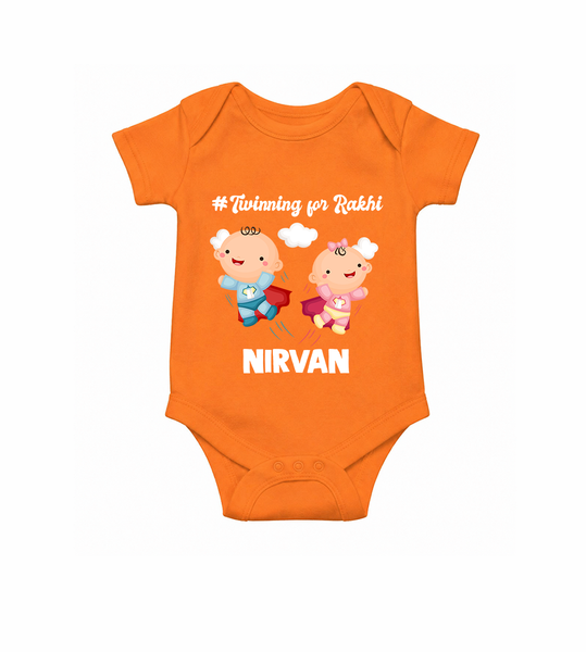 Twinning for Rakhi Print Romper  – two baby superheroes flying together.