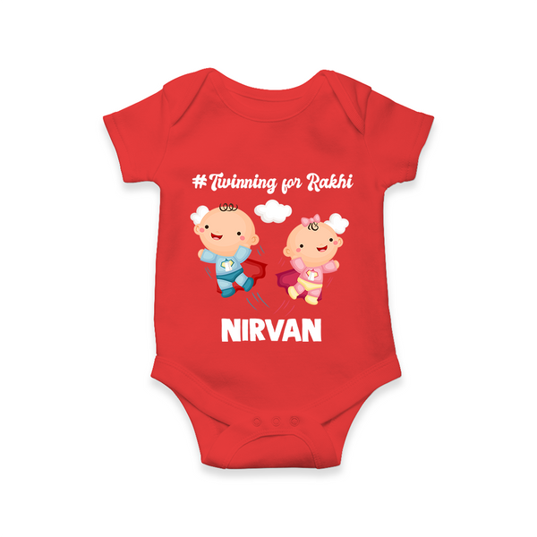 Twinning for Rakhi Print Romper  – two baby superheroes flying together. - RED - New Born (Chest 14")