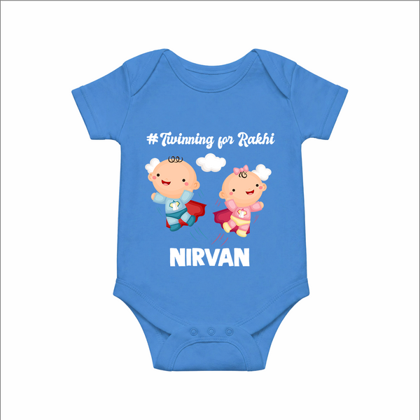 Twinning for Rakhi Print Romper  – two baby superheroes flying together.