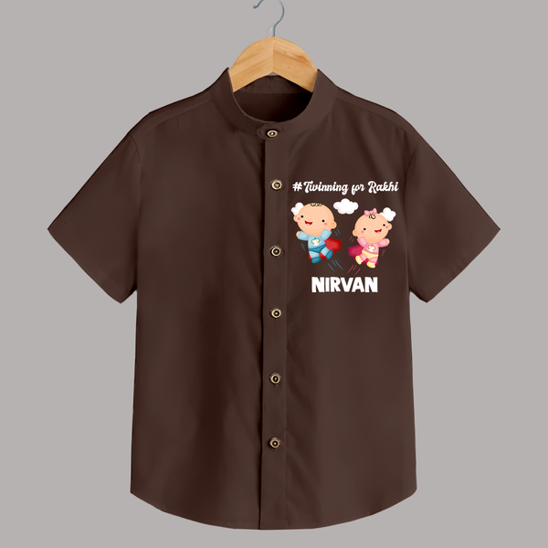 Twinning for Rakhi Print Shirt – two baby superheroes flying together. - CHOCOLATE BROWN - 0 - 6 Months Old (Chest 23")
