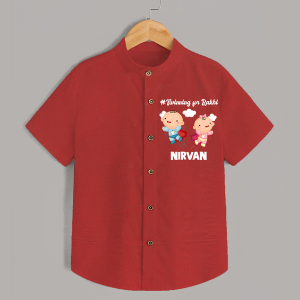 Twinning for Rakhi Print Shirt – two baby superheroes flying together. - RED - 0 - 6 Months Old (Chest 23")