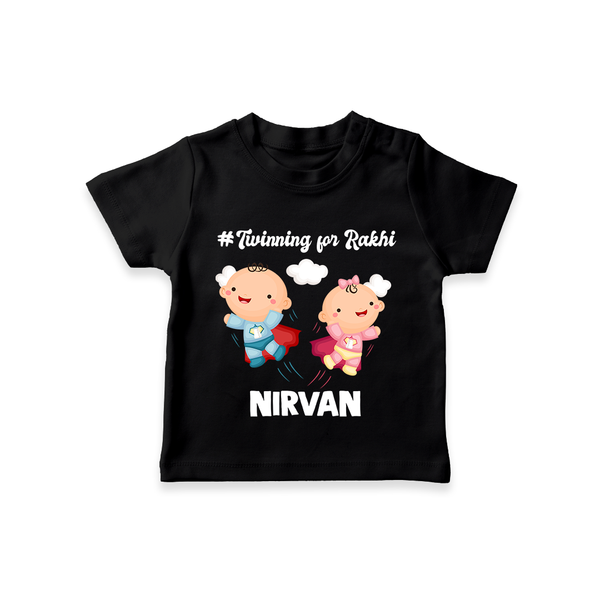 Twinning for Rakhi Print TShirt – two baby superheroes flying together. - BLACK - 0-5 Months Old (Chest 17")