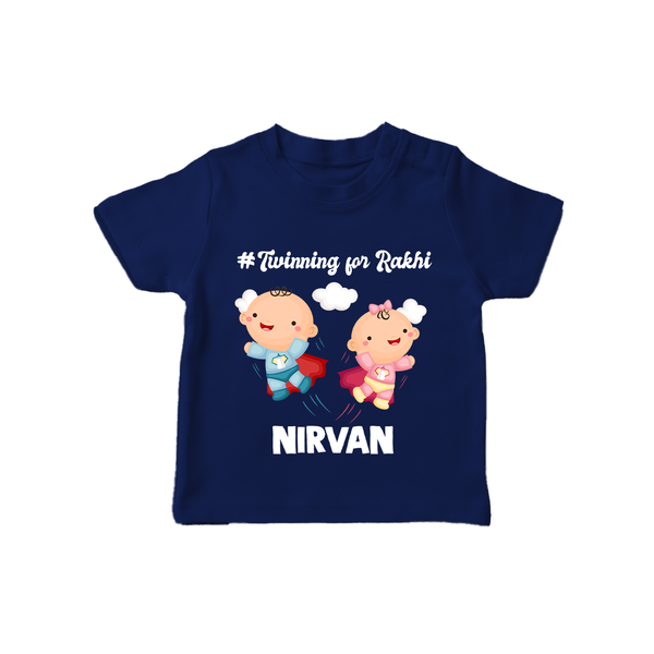 Twinning for Rakhi Print TShirt – two baby superheroes flying together. - NAVY BLUE - 0-5 Months Old (Chest 17")