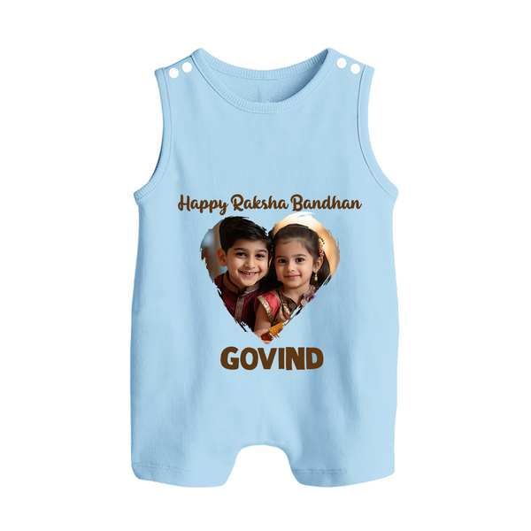 Brother Sister photo printed Button Romper – photo of two children in festive rakhi attire - BABY BLUE - New Born (Chest 18")