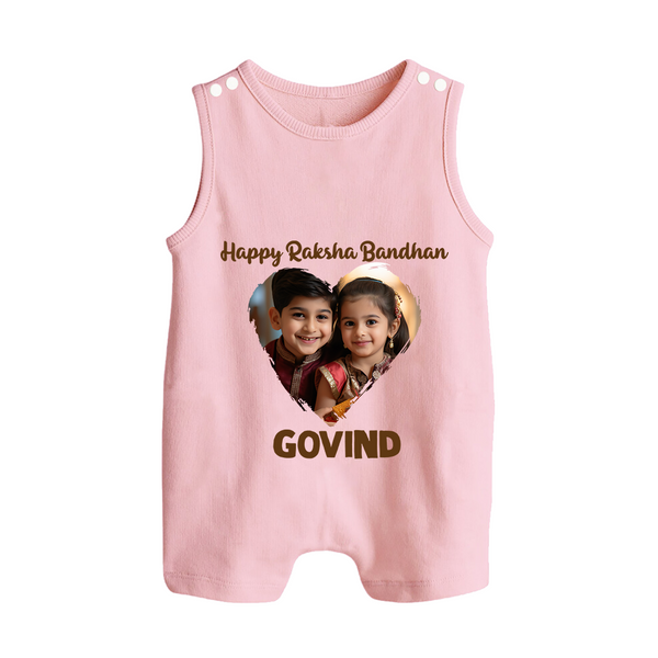 Brother Sister photo printed Button Romper – photo of two children in festive rakhi attire - BABY PINK - New Born (Chest 18")