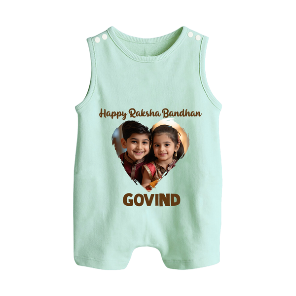 Brother Sister photo printed Button Romper – photo of two children in festive rakhi attire - MINT GREEN - New Born (Chest 18")