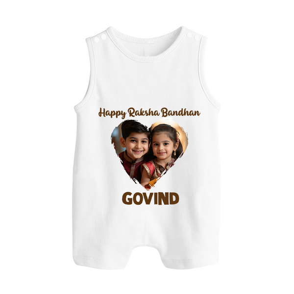 Brother Sister photo printed Button Romper – photo of two children in festive rakhi attire - WHITE - New Born (Chest 18")