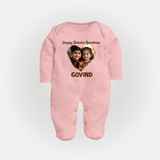 Brother Sister photo printed Fullbody Suit – photo of two children in festive rakhi attire - BABY PINK - New Born (Chest 7.5")