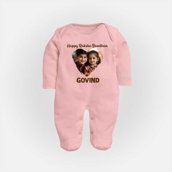 Brother Sister photo printed Fullbody Suit – photo of two children in festive rakhi attire - BABY PINK - New Born (Chest 7.5")