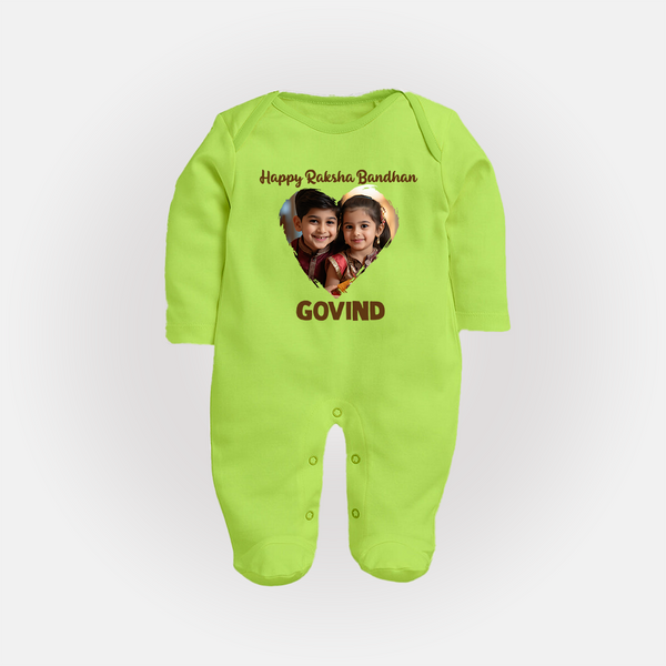 Brother Sister photo printed Fullbody Suit – photo of two children in festive rakhi attire - LIME GREEN - New Born (Chest 7.5")