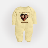 Brother Sister photo printed Fullbody Suit – photo of two children in festive rakhi attire - PASTEL YELLOW - New Born (Chest 7.5")