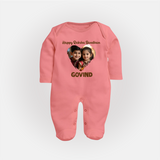 Brother Sister photo printed Fullbody Suit – photo of two children in festive rakhi attire - PEACH - New Born (Chest 7.5")