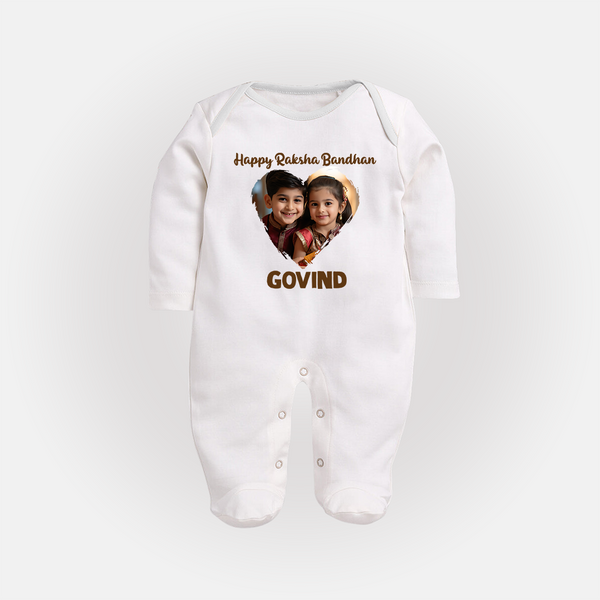 Brother Sister photo printed Fullbody Suit – photo of two children in festive rakhi attire - WHITE - New Born (Chest 7.5")