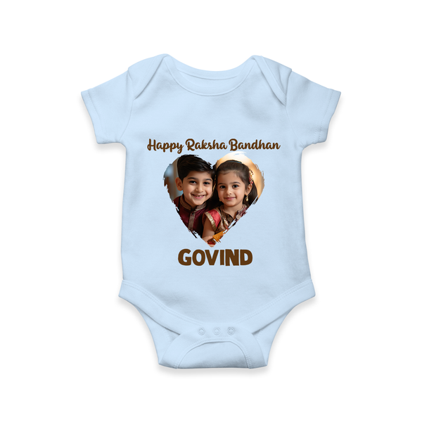 Brother Sister photo printed Romper  – photo of two children in festive rakhi attire - BABY BLUE - New Born (Chest 14")