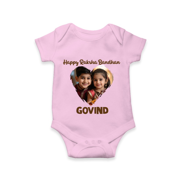 Brother Sister photo printed Romper  – photo of two children in festive rakhi attire - BABY PINK - New Born (Chest 14")