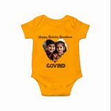 Brother Sister photo printed Romper  – photo of two children in festive rakhi attire - CHROME YELLOW - New Born (Chest 14")