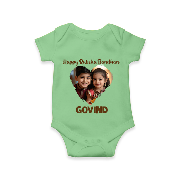 Brother Sister photo printed Romper  – photo of two children in festive rakhi attire - GREEN - New Born (Chest 14")