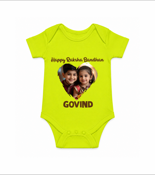 Brother Sister photo printed Romper  – photo of two children in festive rakhi attire - LIME GREEN - New Born (Chest 14")