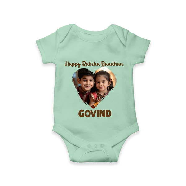 Brother Sister photo printed Romper  – photo of two children in festive rakhi attire - MINT GREEN - New Born (Chest 14")