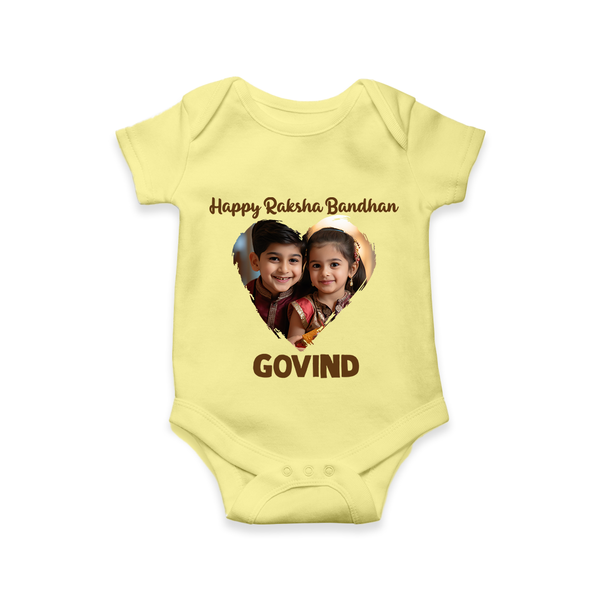 Brother Sister photo printed Romper  – photo of two children in festive rakhi attire - PASTEL YELLOW - New Born (Chest 14")