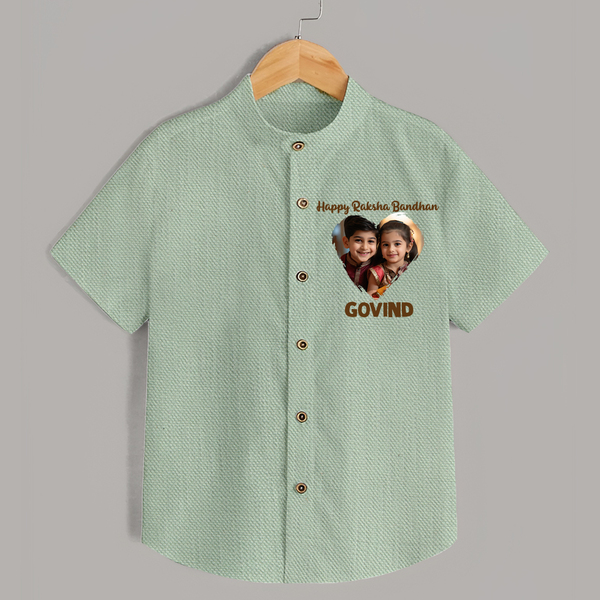 Brother Sister photo printed Shirt – photo of two children in festive rakhi attire - MINT GREEN - 0 - 6 Months Old (Chest 23")