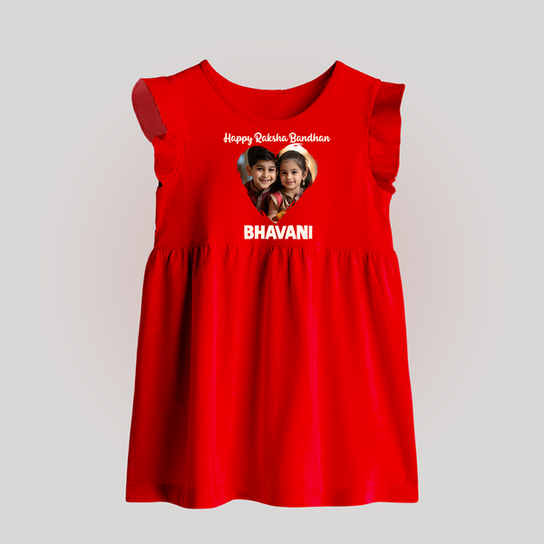 Brother Sister photo printed Baby Frock – photo of two children in festive rakhi attire - RED - 0 - 3 Months Old (Chest 17")
