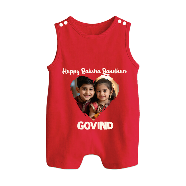 Brother Sister photo printed Button Romper – photo of two children in festive rakhi attire - RED - New Born (Chest 18")
