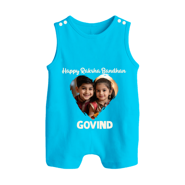 Brother Sister photo printed Button Romper – photo of two children in festive rakhi attire - SKY BLUE - New Born (Chest 18")